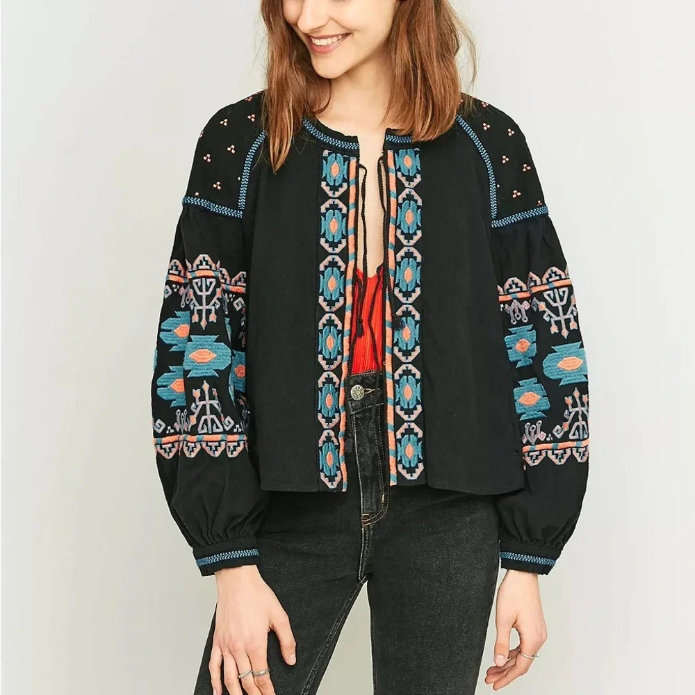 FREE PEOPLE Embroidered Swing Jacket (Black, blue & orange graphic) size Medium - Picture 2 of 15